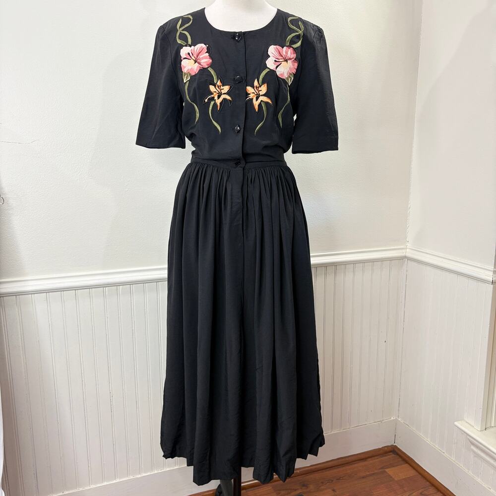 JLT Just Like That Shirt Dress Vintage Floral Embroidered Midi Black Retro Pinup